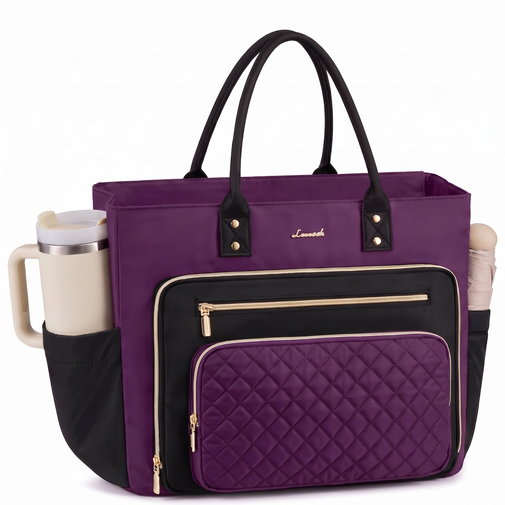 LOVEVOOK Teacher Tote Bag for Women Work, Laptop Bag Work Tote Bag Nurse Bags With Large Cup Holder, Professional Computer Briefcase Business Large Purses Handbag, Diaper Bag Mother Gift, Black-Purple
