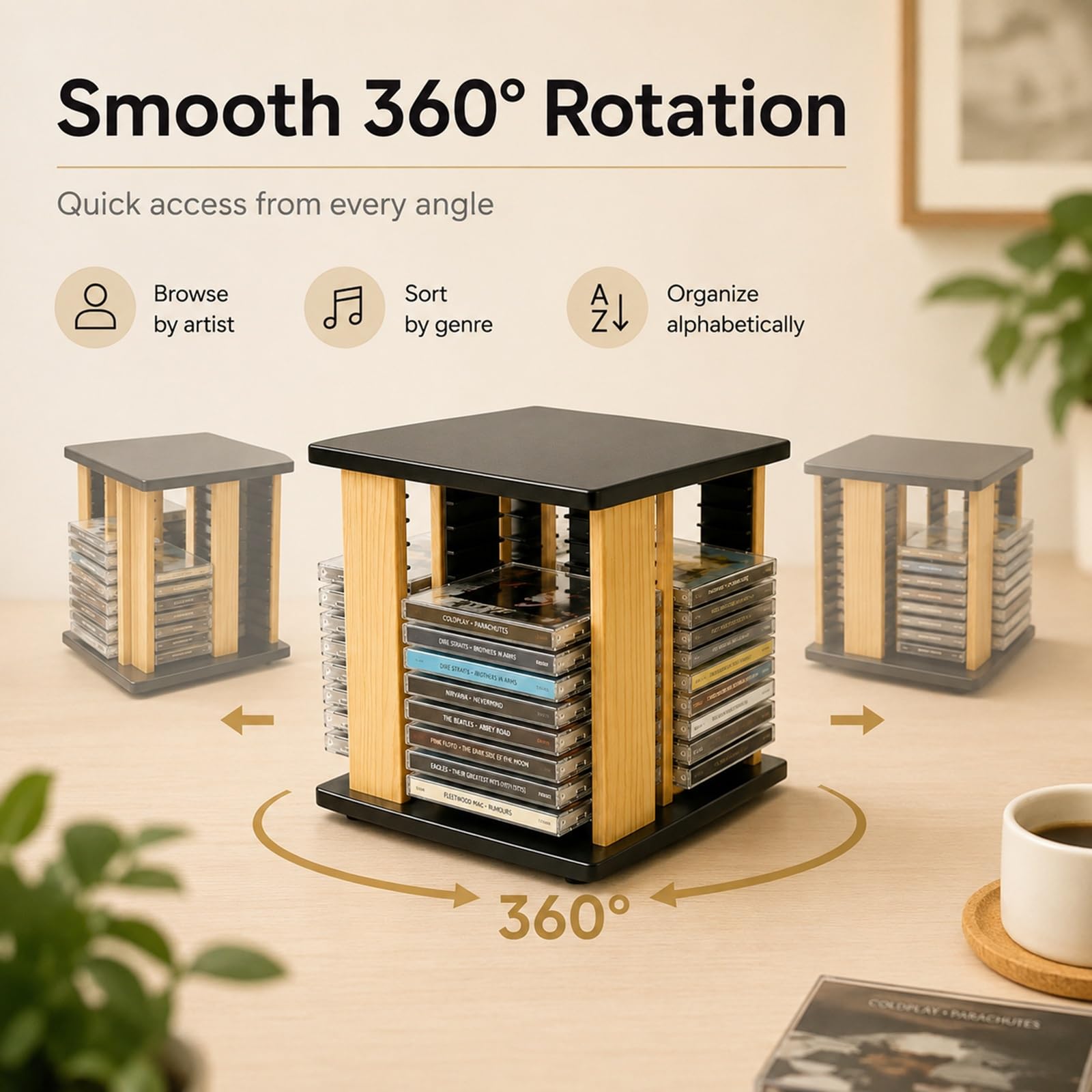 Porta CD e DVD da Scrivania Girevole a 360 Gradi in Legno for Multimedia | Contiene 45 Custodie Standard con Design Salvaspazio da Tavolo for Collezioni di Videogiochi e Film in DVD