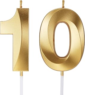 10th Birthday Candles Number 10 Candles Numerals for Cakes Happy Tenth Birthday 3D Designed 10th Wedding Anniversary Party Cake Topper Decorations (10, Gold)