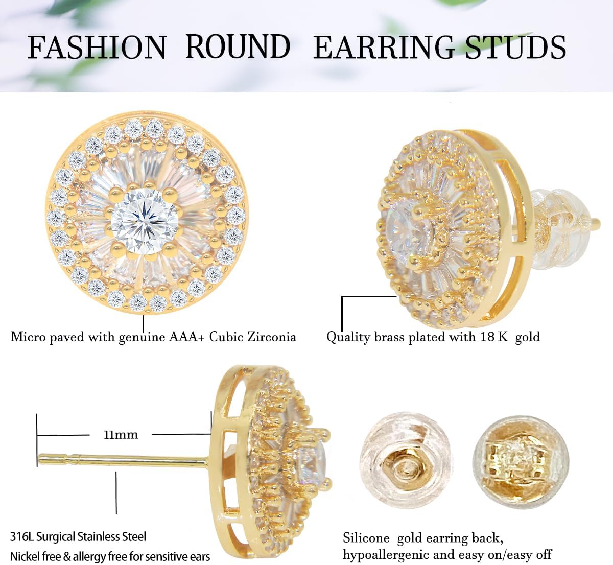 LuReen Earring Studs for Men Women - 18K Gold Plated Cubic Zirconia Stud Earrings Set, Iced Out CZ Studs, Simulated Diamond Halo Earrings (2 Pairs) - Image 4