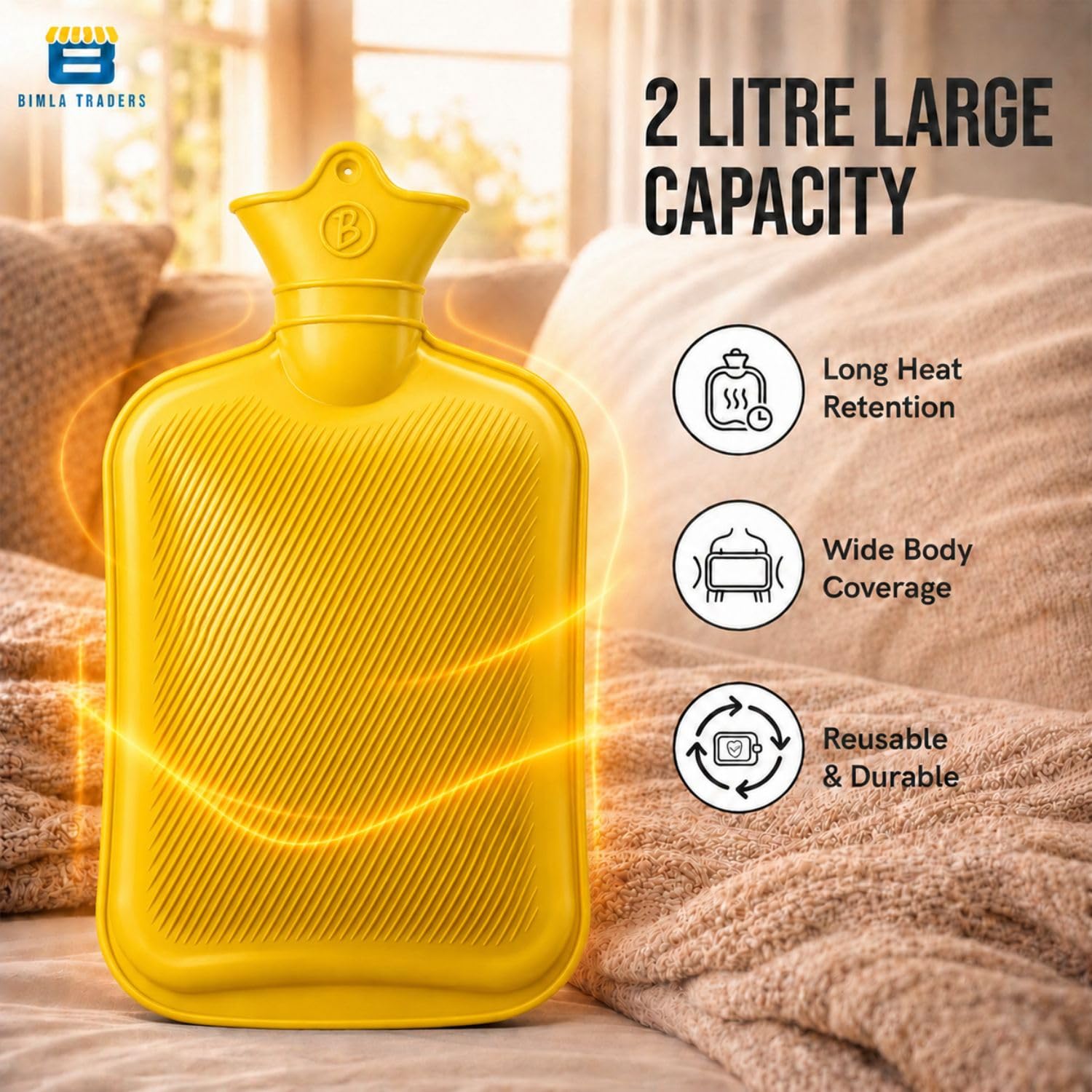Btag Hot Water Bag (2Ltr) for Pain Relief | Non-Electric Rubber Heating Bottle Period Cramps, Body Aches | Long Heat Retention | Wide Mouth with Leak Proof Cap & Skin Friendly Material (Yellow) 3