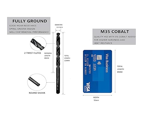 Miniatura 3 de DelitonGude Brocas helicoidales de cobalto HSS M35 de 38 pulgadas, acero de alta velocidad, paquete de 5, adecuadas para aceros, hierro fundido,