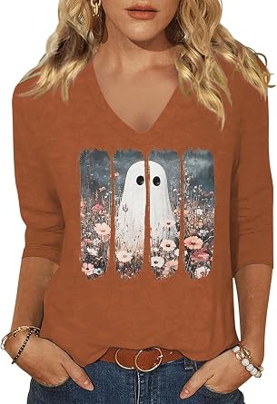 Womens Fall 3/4 Sleeve V-Neck Halloween Graphic Tees Tops T-Shirt