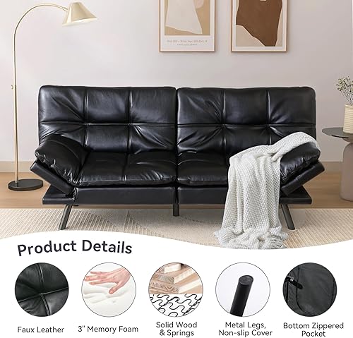 Miniatura 4 de Hcore Sofá de futón de espuma de memoria,Cama de dos plazas,Pequeño sofá moderno con respaldo dividido, PU negro