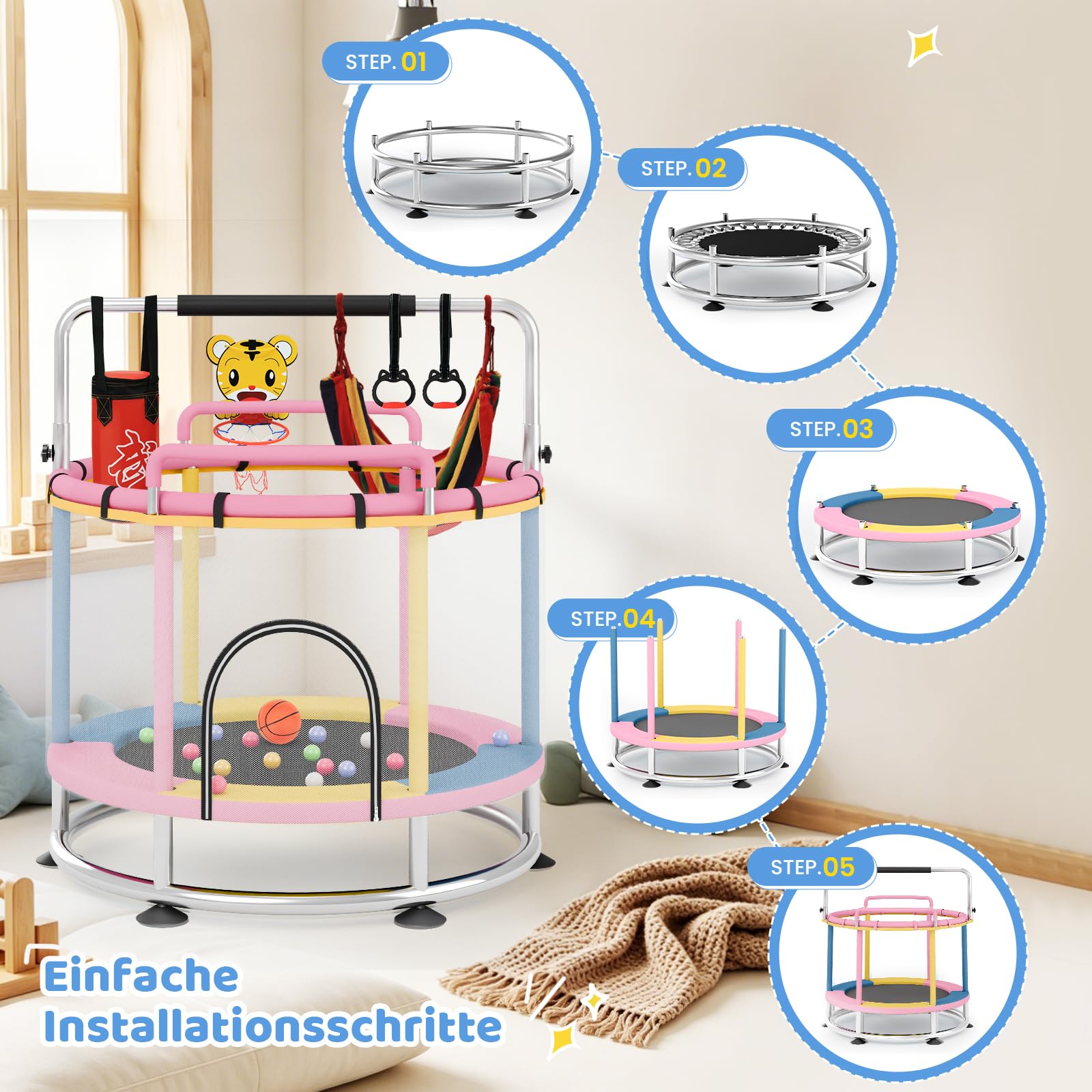 Trampolin Kinder 150cm mit Rundem Sockel und Zwei Handläufen Vorne und Hinten Outdoor/Indoor, 250kg Verstellbares,mit Andsäcken, Basketballkorb, Klimmzugstange und Hängematte für Jungen und Mädchen