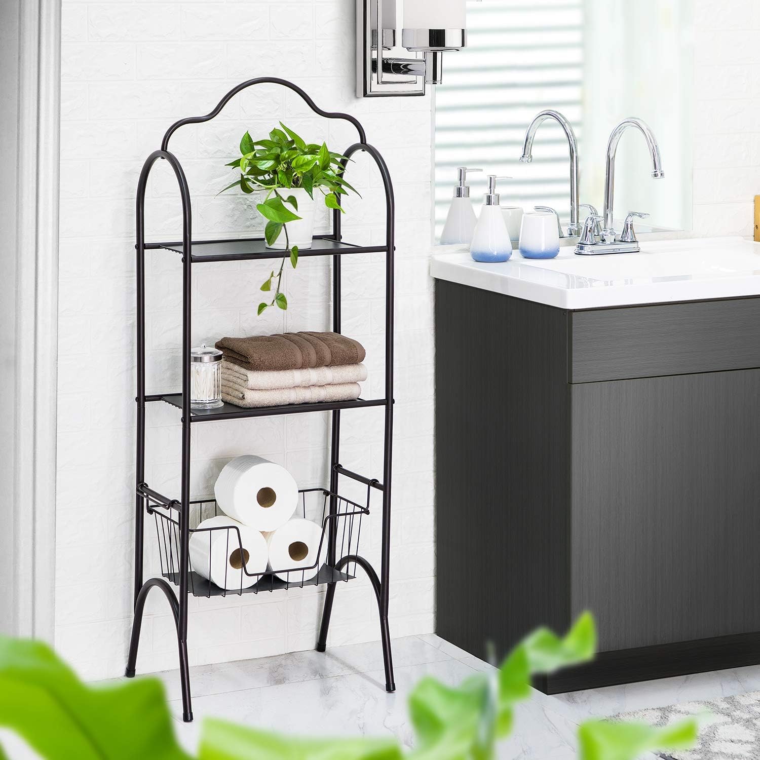 Home Zone Living Bathroom Organizer - 3-Tier Freestanding Storage Shelves with Basket, Oil-Rubbed Bronze (Model: CAD7001U)