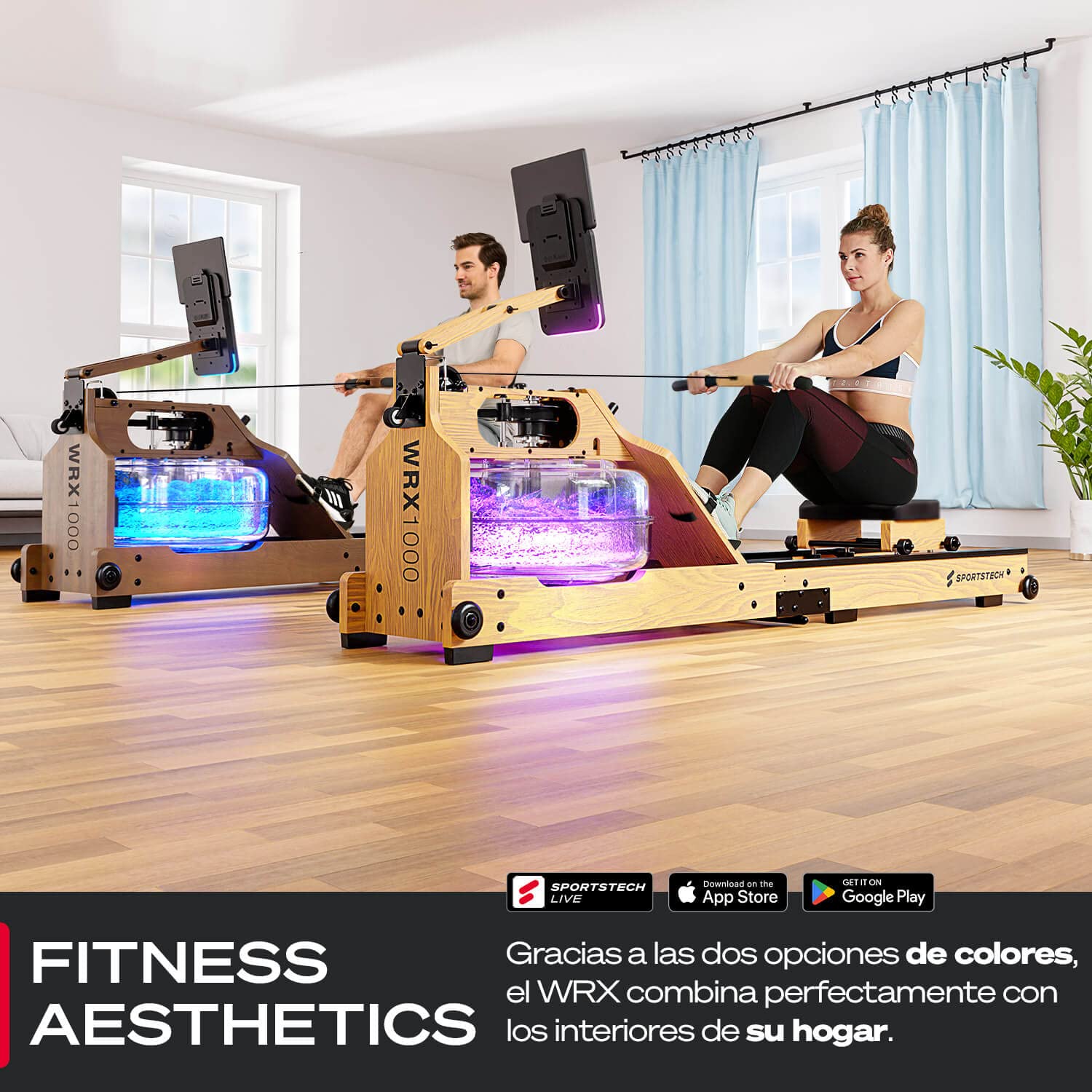 Sportstech - WRX1000 Agua Maquina de Remo, Premium Maquina de Remo para Casa, Plegable Maquina Remo con Tecnología Pulse Depósito de Agua LED de 7 Zonas y Pantalla LCD
