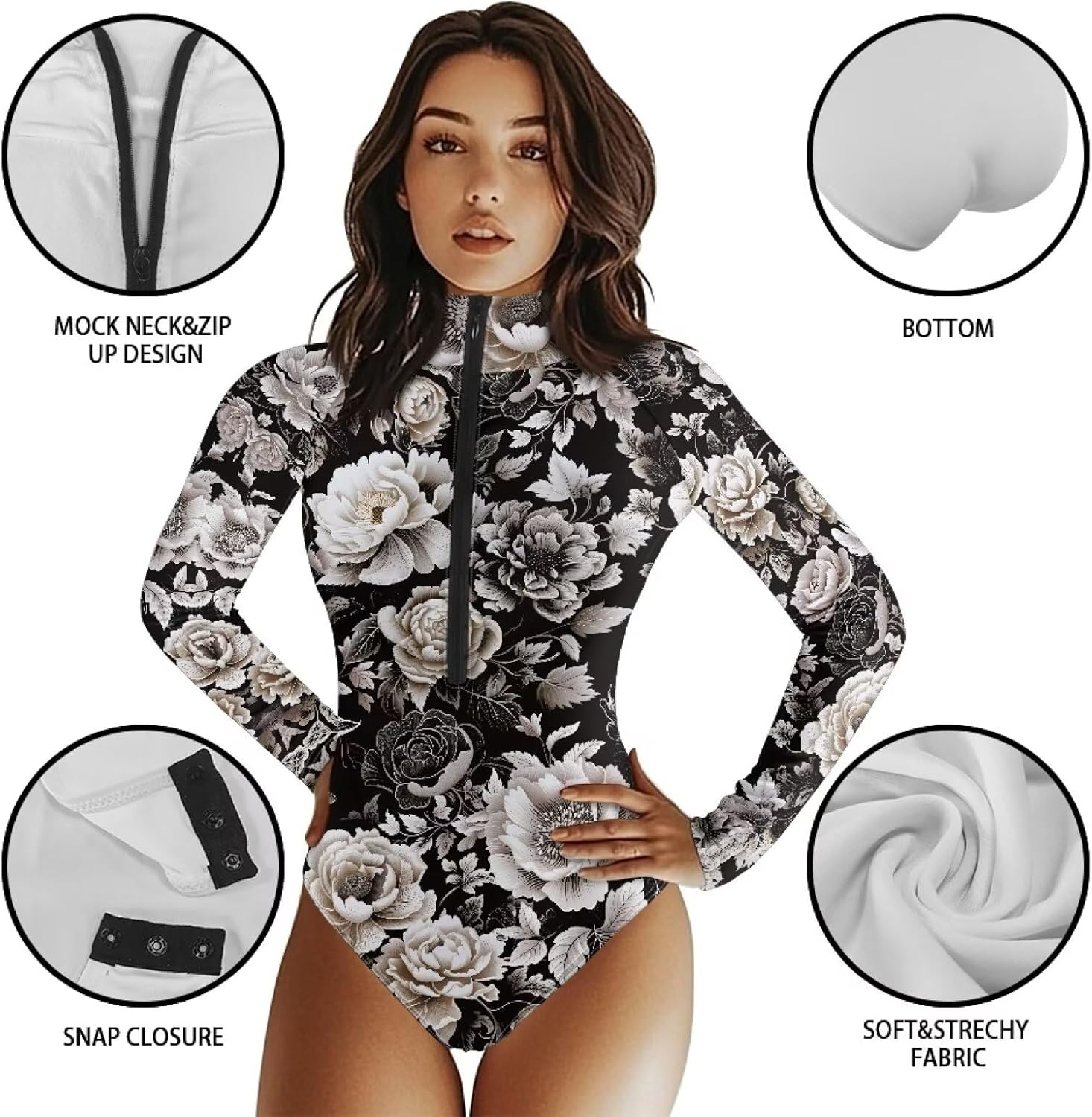Womens Shapewear Sexy Turtleneck Bodysuits Long Sleeve Front Zip Bodysuit Going Out Tops for Women Leotard Corset