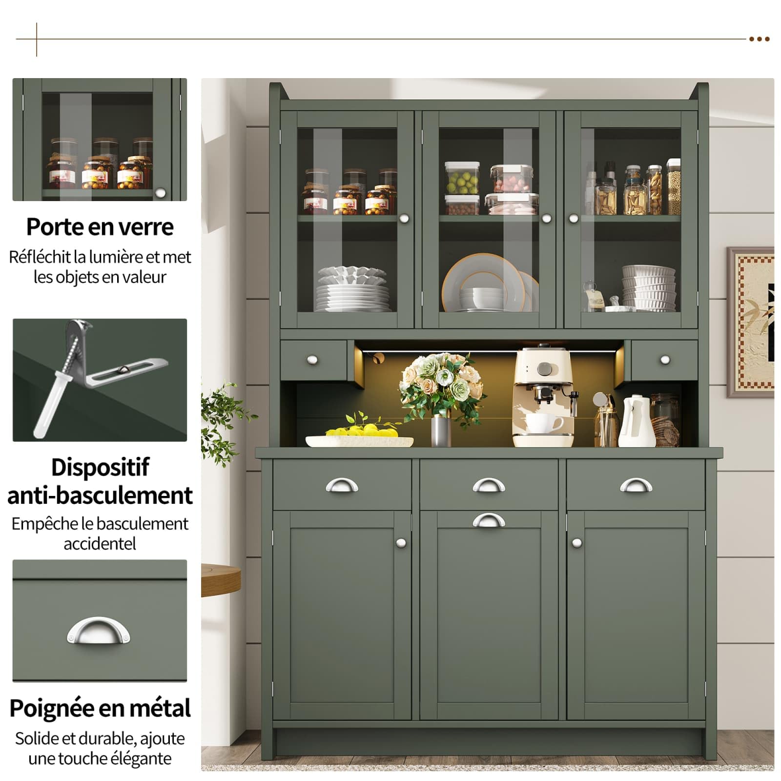 KOMHTOM Armoire de Cuisine, Armoire de Salle à Manger, Buffet, Dispositif Anti-basculement, avec éclairage LED, Porte Coulissante en Verre et 2 Tiroirs de Rangement (Vert-12)