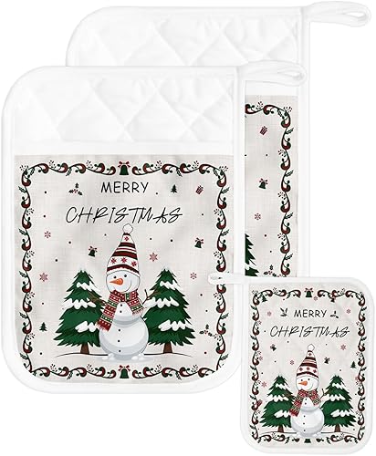 Miniatura 1 de Christmas Snowman 2Pcs Pot Holders for Kitchen,Non Slip & Heat Insulation Terry Cloth Potholder Set with Pocket,Thick Hot Pad Oven Mitts Trivet