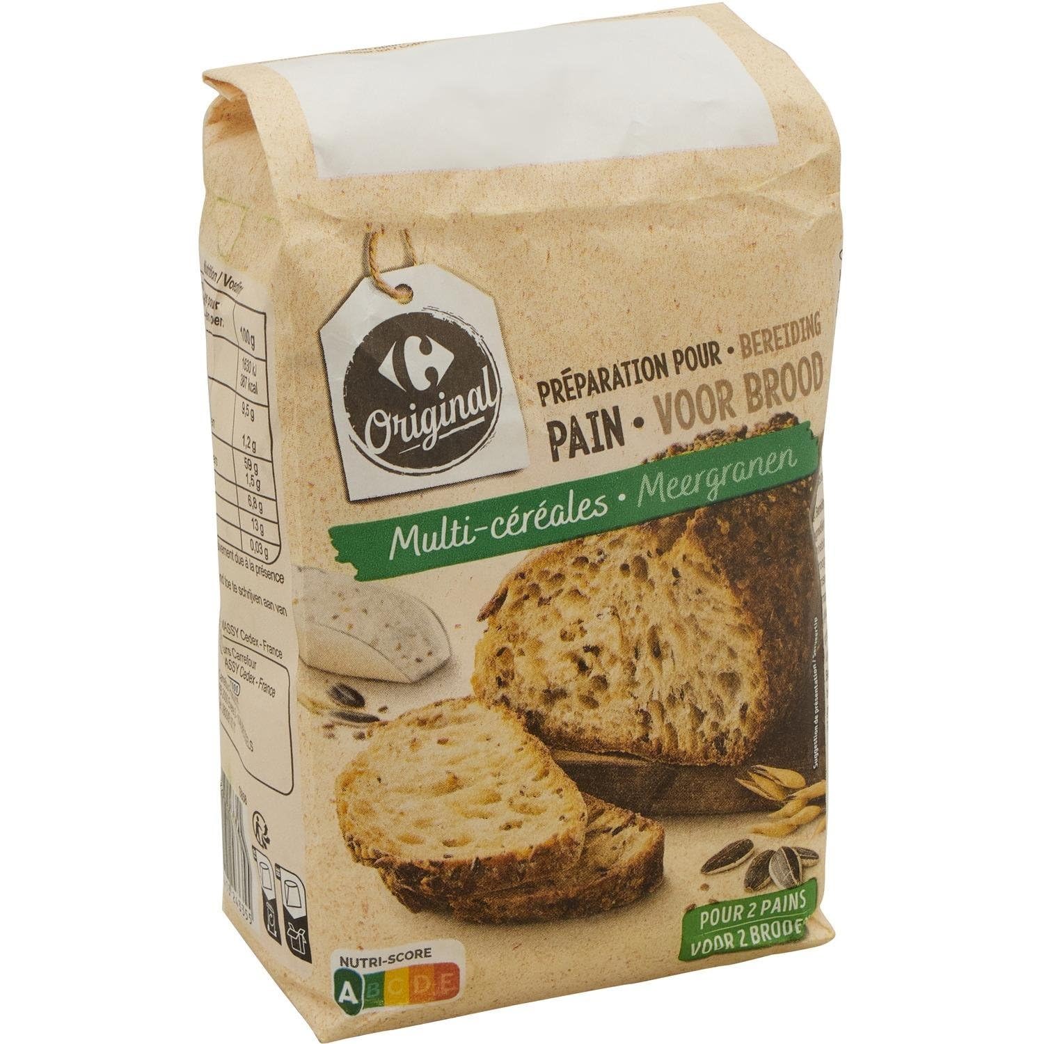CARREFOUR - Préparation pour Pain aux Céréales et Graines - Multi-Céréales · À la Farine de Blé et de Seigle · Graines de Tournesol et Graines de Lin · Pour 2 Pains - le paquet d'1Kg - Le Lot De 4