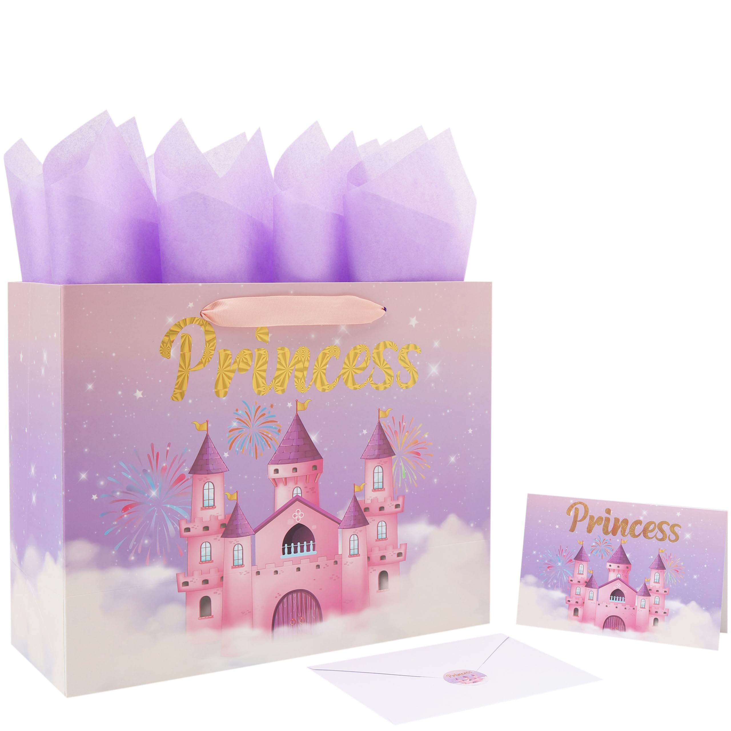 wishinside 13'' Large Princess Gift Bag Set with Handles, Greeting Card, Purple Tissue Papers and Stickers for Women Girls Kids Teens for Birthday Party, Wedding, Anniversary, Castle Design, 1 Pcs