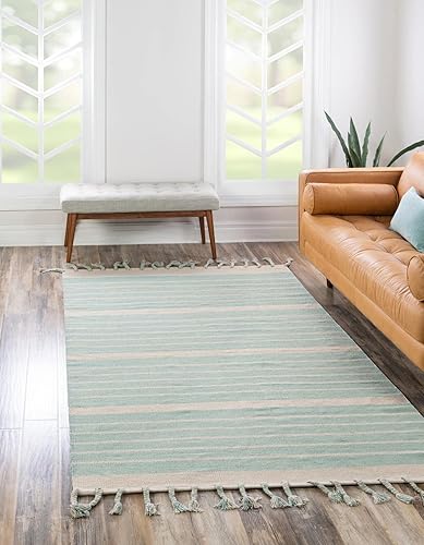 Miniatura 8 de Unique Loom Chindi Cotton Collection - Alfombra de área - Sophie (2 pies 7 pulgadas x 12 pies, color blanco y aguamarina)