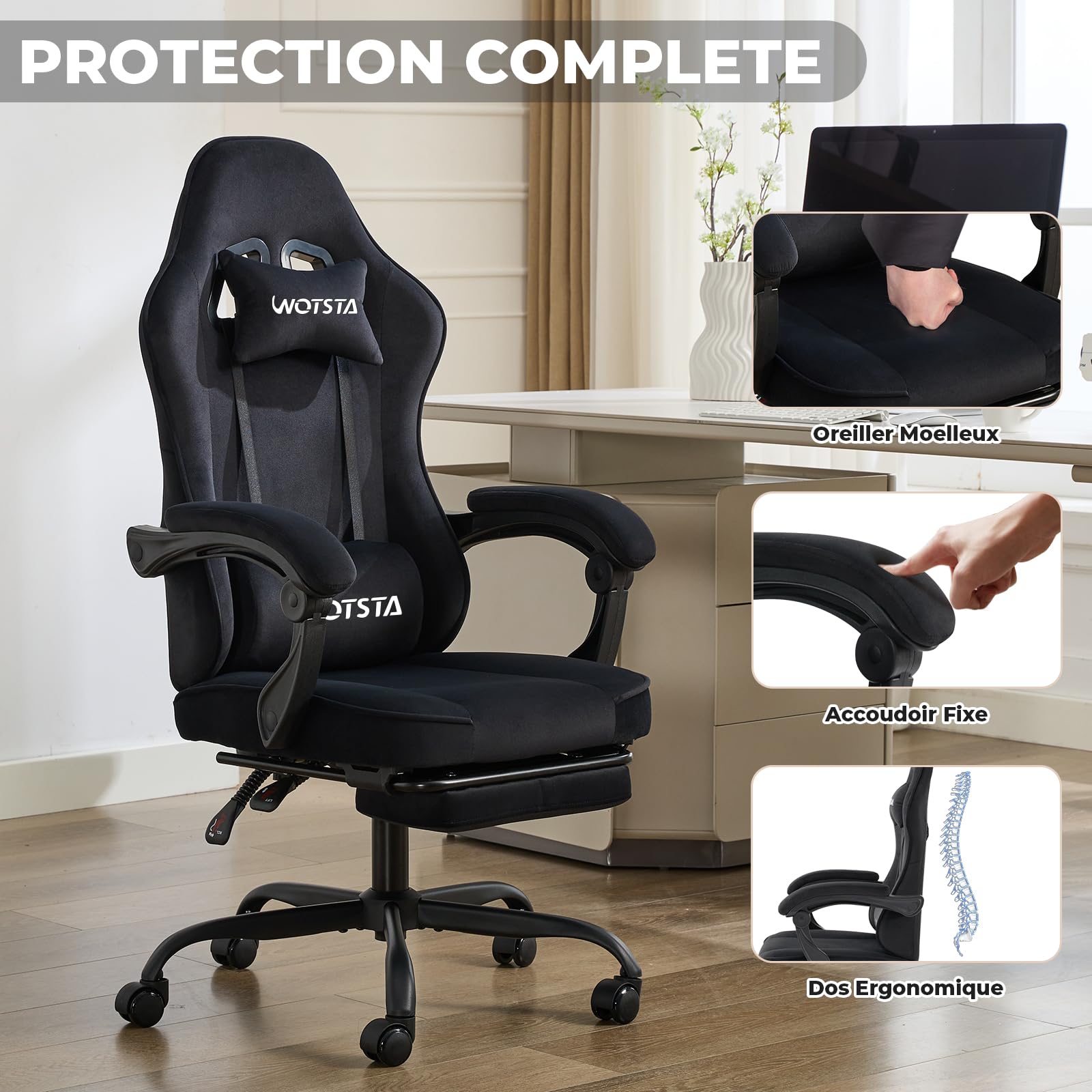 Massage Chaise Gaming Tissu avec Coussin en éponge Haute densité, Siege Gamer avec Repose-Pieds, Fauteuil Gamer pour Adultes Kids,Chaises de Bureau Capacité de Charge 120 kg