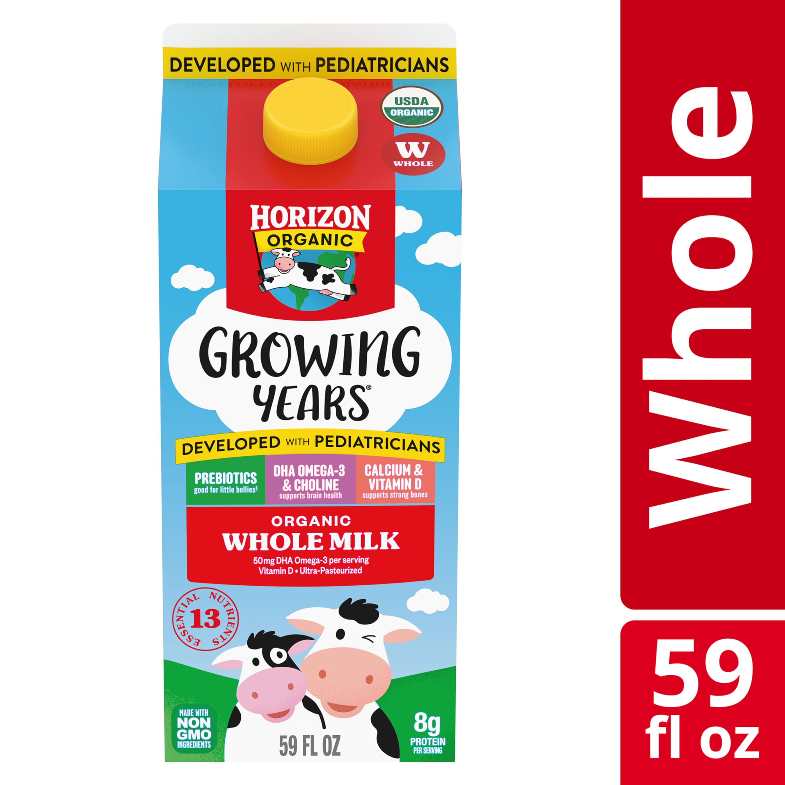 Horizon Organic Growing Years Whole Milk, High Vitamin D Organic Milk for Growing Kids with DHA Omega-3, Choline, and Prebiotics, 59 fl oz Carton