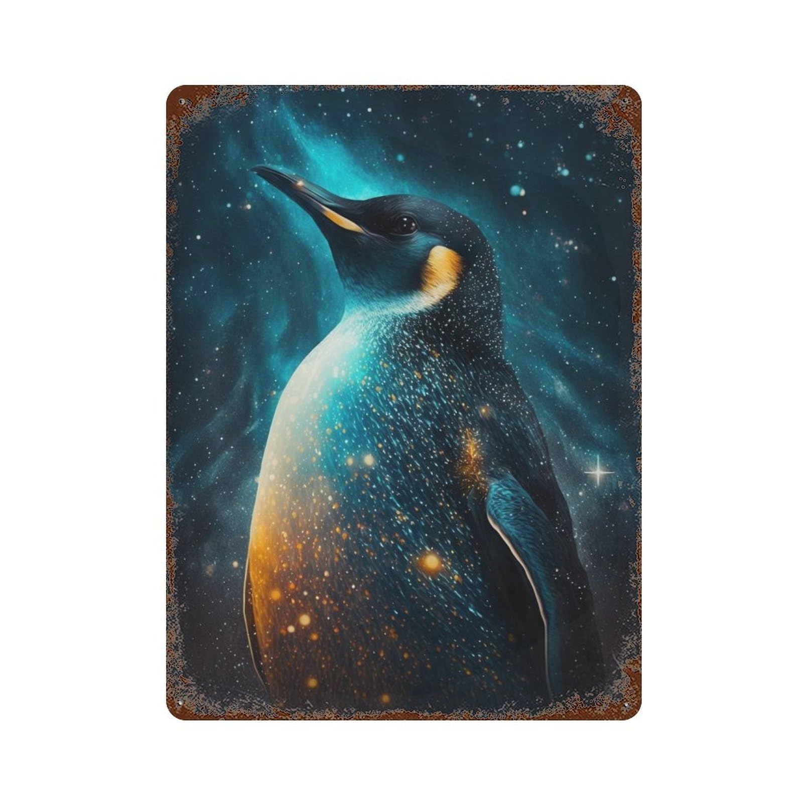 Rust Effect Galactic Penguin Majesty Rusty Metal Tin Sign 15.7"x11.8", Industrial Home Decor for Living Room, Hallway And Home Decor