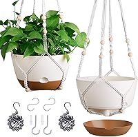 Montresor Set of 2 10-Inch Self-Watering Hanging Planters with Drainage - Indoor/Outdoor Pots + 2 Hanger Types (White)