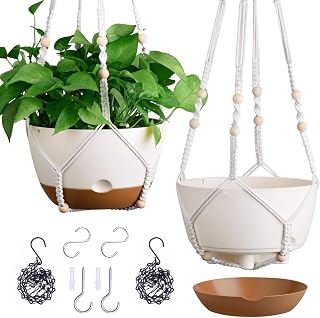 Montresor Set of 2 10-Inch Self-Watering Hanging Planters with Drainage - Indoor/Outdoor Pots + 2 Hanger Types (White)