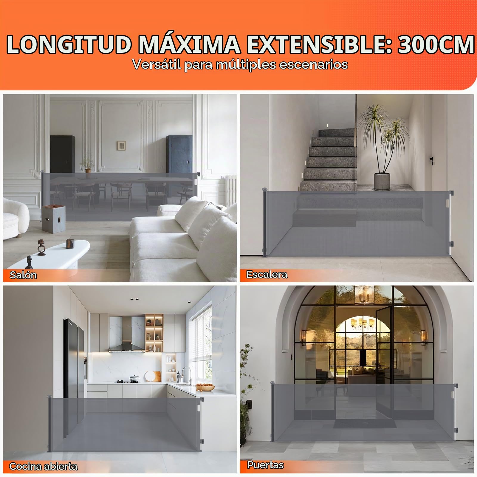 0-300cm Barrera de Seguridad Bebés Extensible, Apertura con Una Sola Mano | 87cm Altura Retractable Barrera de Seguridad para Escaleras, Puerta de Seguridad para Perros para Interiores, Exteriores Gris