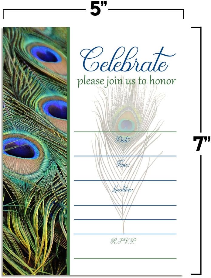 Amanda Creation Peacock Feathers Fill In Party Invitations, set of 20 including envelopes