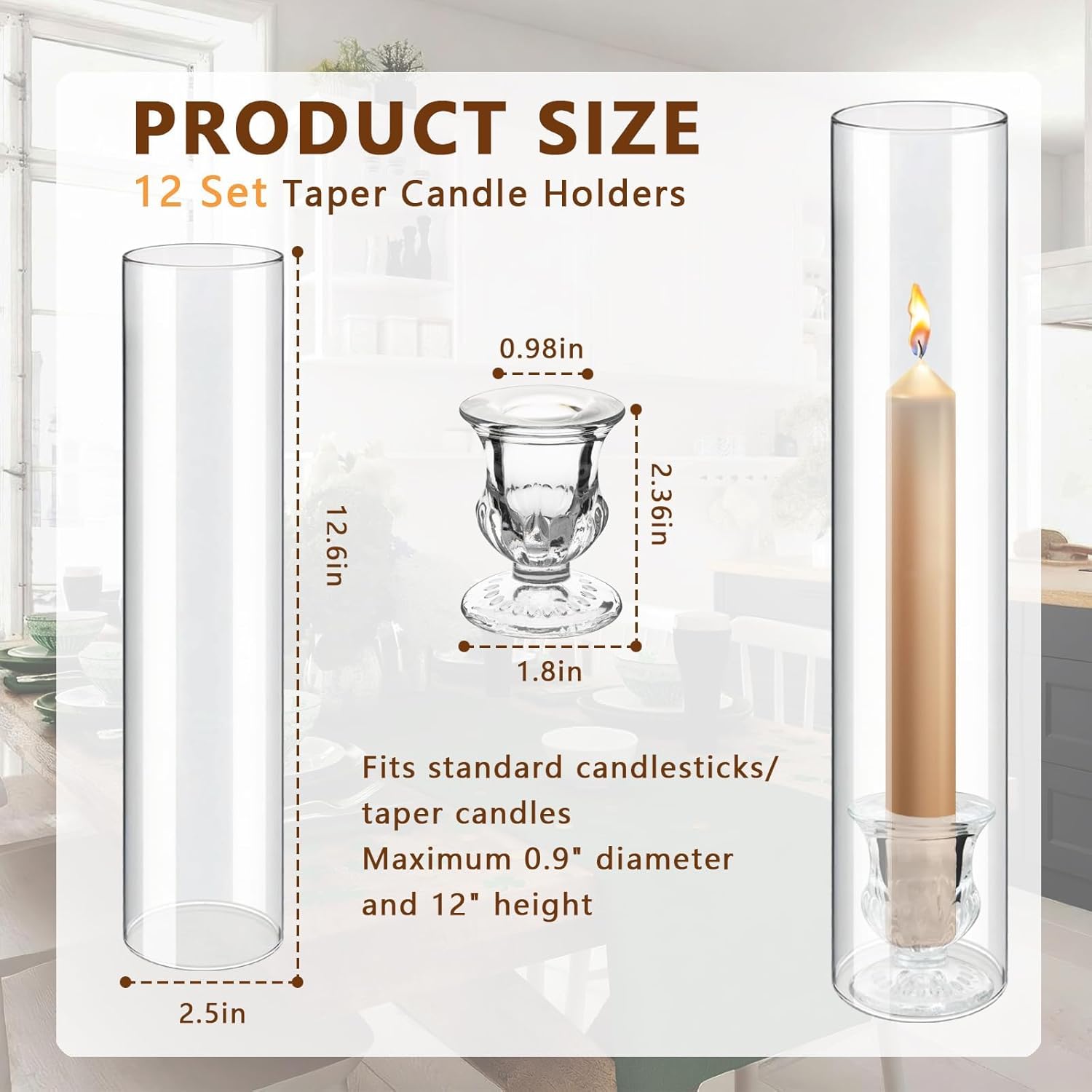 12 Sets Glass Hurricane Candle Holders - 12.6” Glass Candlestick Holders with Clear Tall Cylinder Candle Sleeves for Wedding, Christmas Table Decor (12)