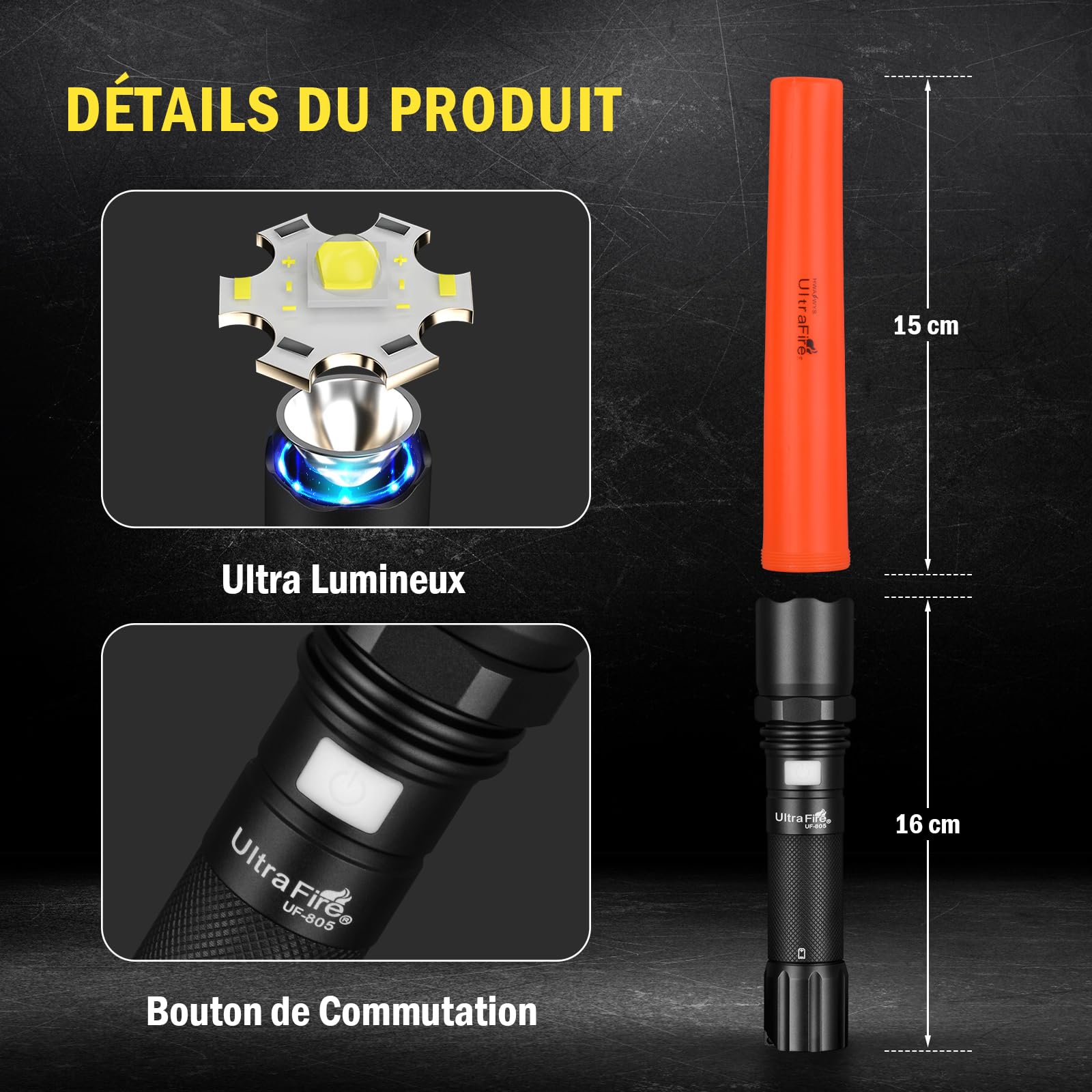 ULTRAFIRE Lampe torche LED rechargeable, 619 lumens, lumière de sécurité lumineuse, 3 modes avec mode clignotant rouge, bâton de signalisation pour avion, contrôle de la circulation, direction de