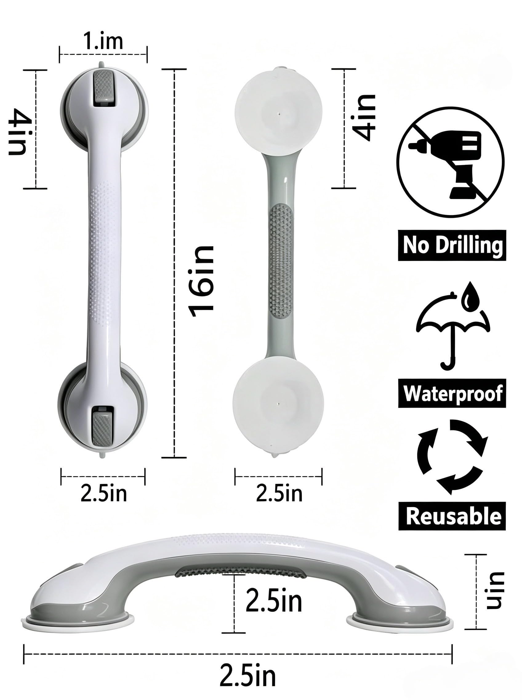 Lot de 2 barres d'appui à ventouse pour douche, 41,45 cm, poignées de douche pour personnes âgées, barres d'appui de salle de bain pour personnes âgées, barres d'appui de douche à ventouse très