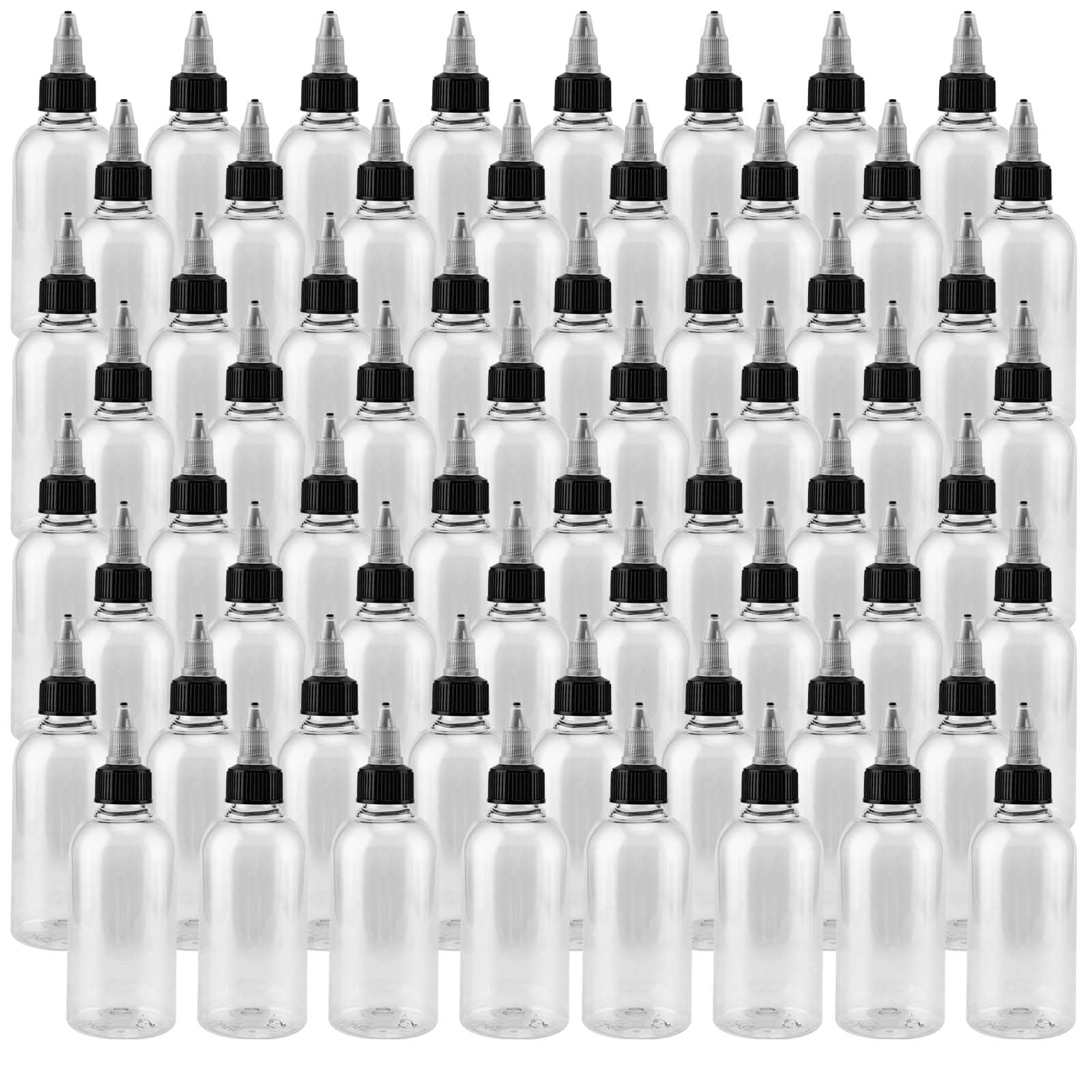 JAPCHET Lot de 100 flacons presseurs vides en plastique de 60 ml avec bouchon à visser, flacons souples transparents pour condiments pour huile, ketchup, moutarde, sauces, vinaigrette, art, travaux