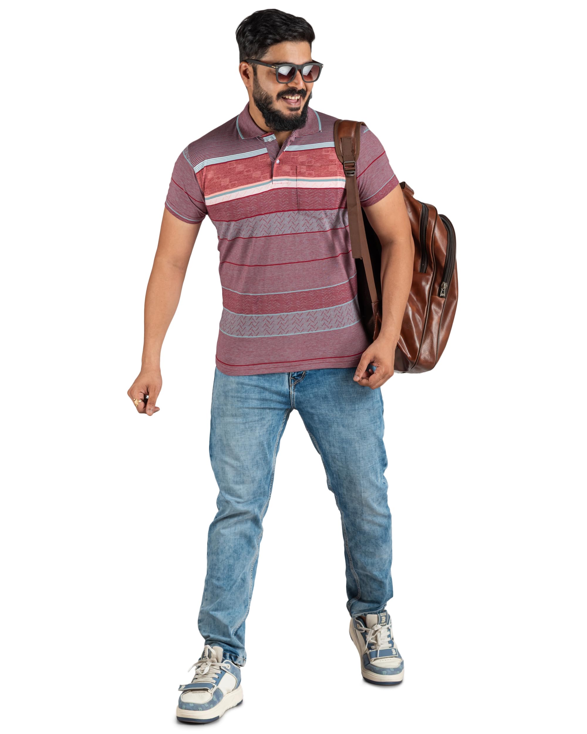 Men's Self Pattern Polo T Shirt, Rich Cotton Soft Feel Knit, Breathable Regular Fit, Short Sleeve, Polo Collar with Button Placket, All Over Self Stripe Casual Tee-image-26