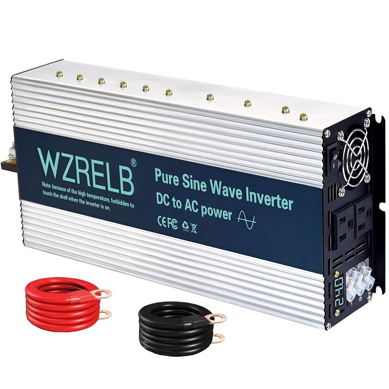 Inversor de Energia WZRELB 3000 W, Onda Senoidal Pura, 24 V CC para 120 V CA, Pico de 6000 W, Display LED e 2 tomadas