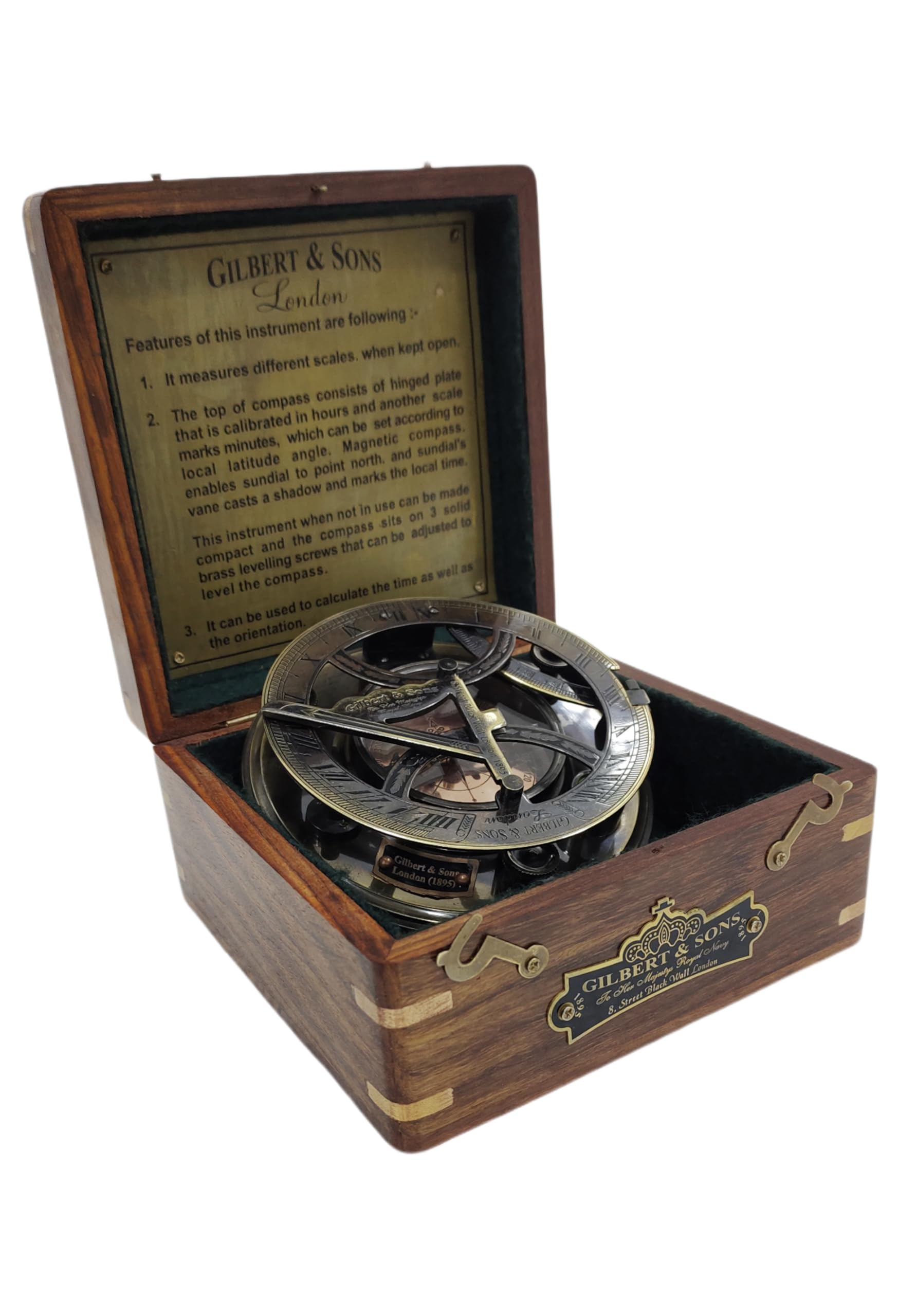 Navirock - Premium Large Antique 5 Inch Sundial Compass with Rose Wooden Box Nautical Brass Home Decor Gifts Fully Functional