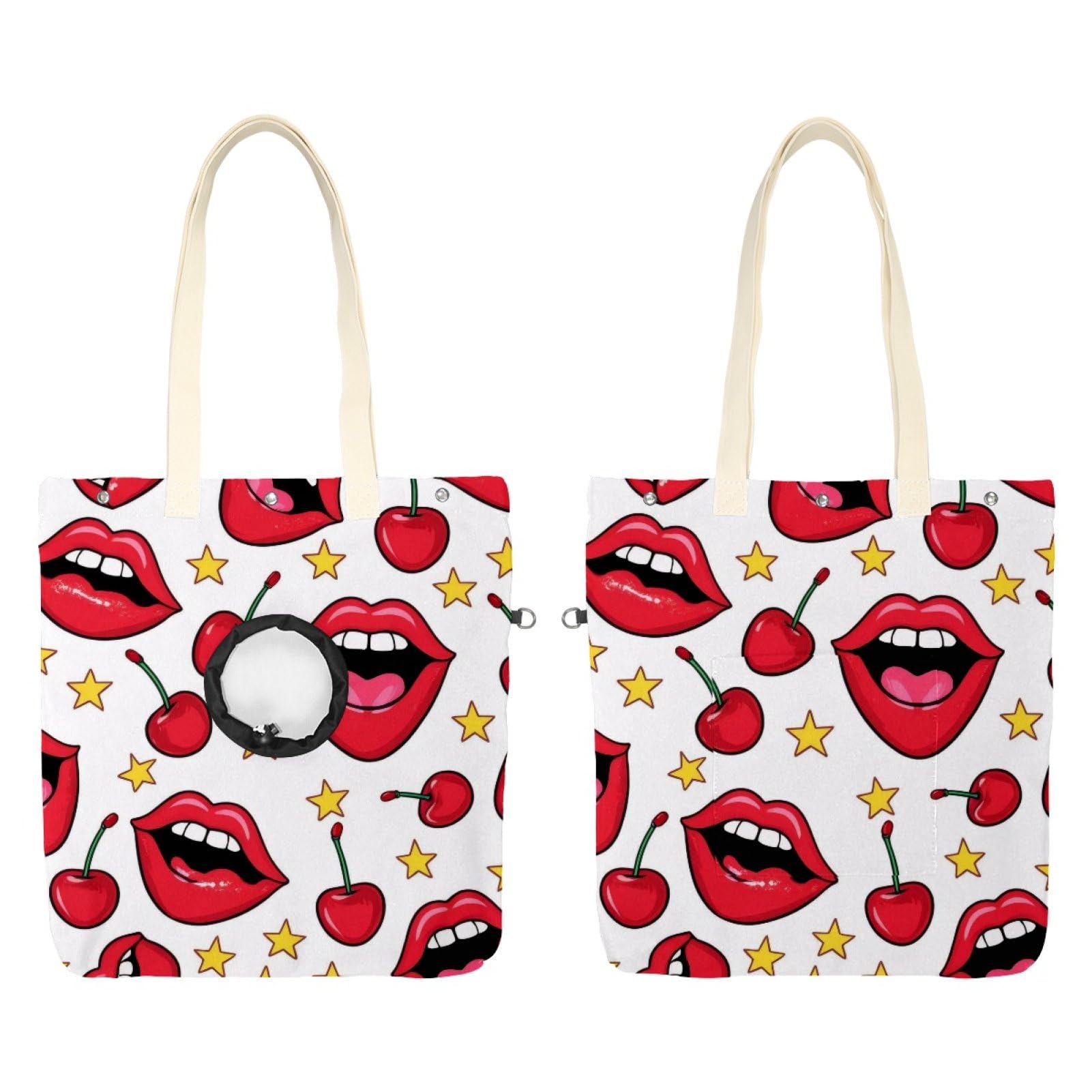 Pet Canvas Shoulder Bag Soft-Sided,Dog Purse Carrier for Small Dogs and Cats, Portable Pet Handbag with Adjustable Hole, Pet Washable Travel Tote Bag,Stars Cherry Lips 16.7''x15.8''