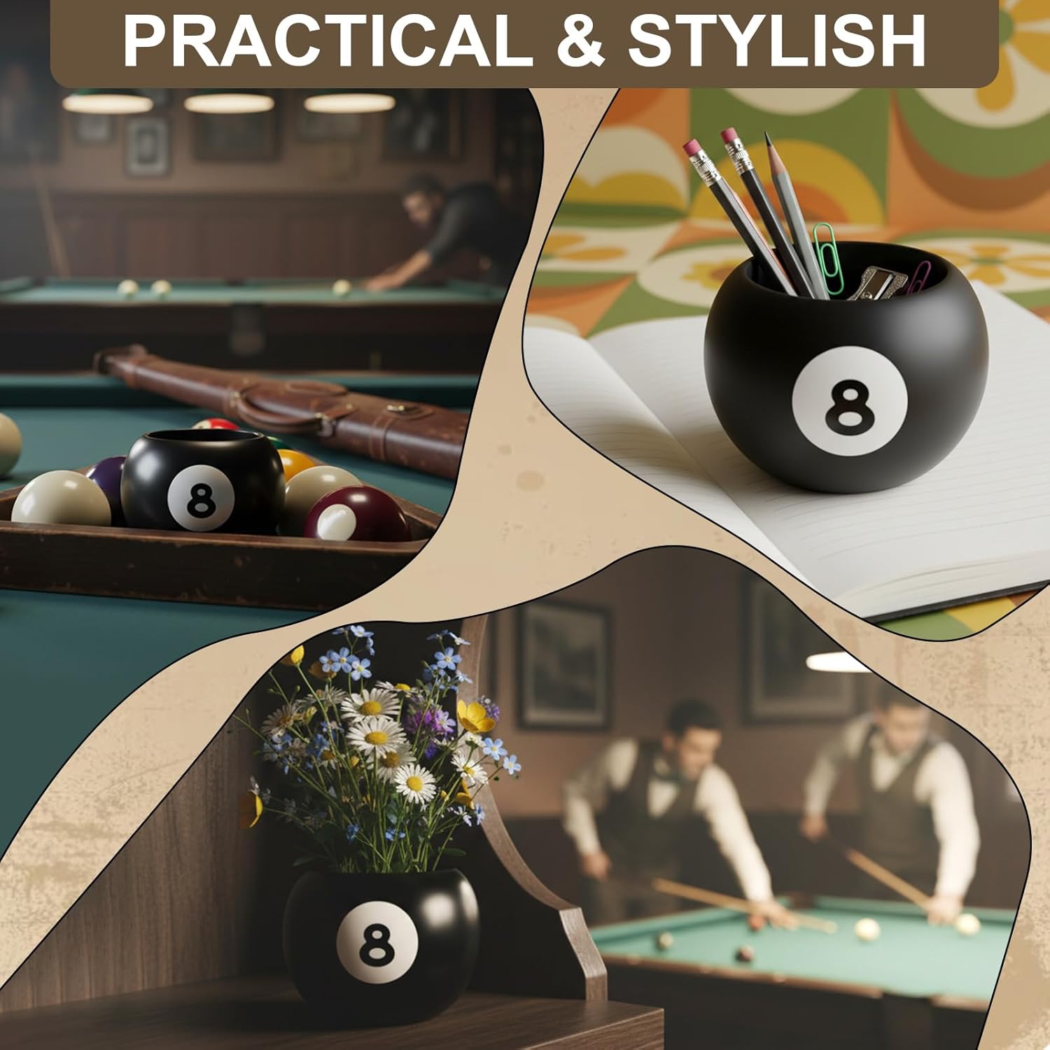 8 Ball Vase, 5.5 inch Billiards Themed Desktop Accessory, Unique Resin Pen Holder/Plant Pot, Retro Resin Vase for Billiards Fans Gifts