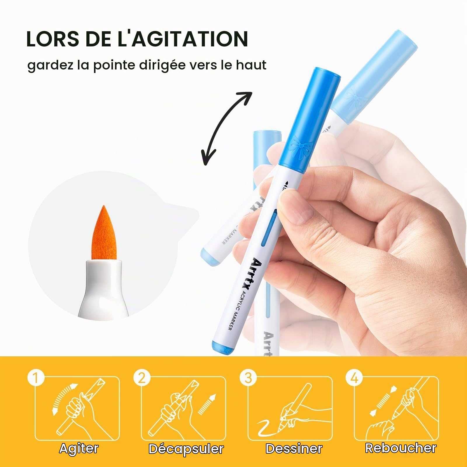 Arrtx Marqueurs acryliques à grande capacité, 30 couleurs, stylos de couleur à pointe de pinceau avec encre liquide directe, accessoires d'art à séchage rapide pour la peinture sur pierre, la