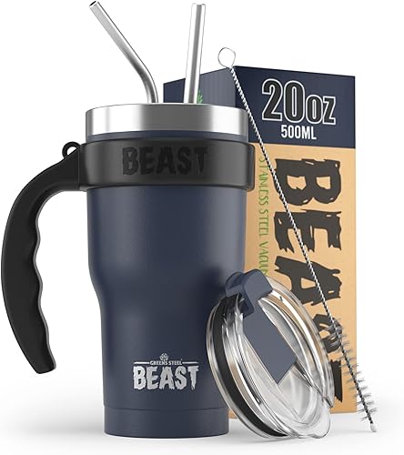 BEAST - Juego de vaso azul marino de 20 onzas con asa, taza de café de acero inoxidable + 2 cepillos para pajillas, caja de regalo y mango negro