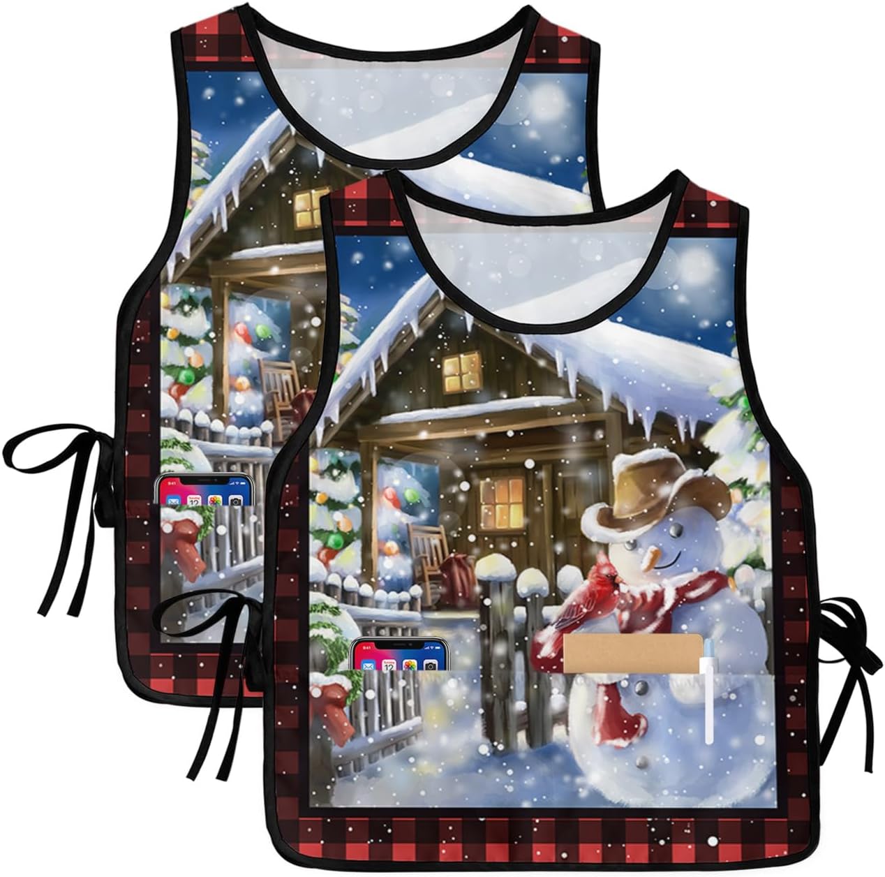 Valentine's Gnomes Cobbler Aprons with 2 Pockets for Women Men, Rustic Red Rose Flower Plaid Farmhouse