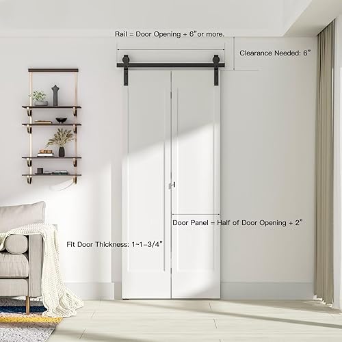 Miniatura 5 de Kit de herrajes para puerta de granero plegable individual de 30 pulgadas, ruedas de polea silenciosa, longitud de riel de 34 pulgadas, puerta no