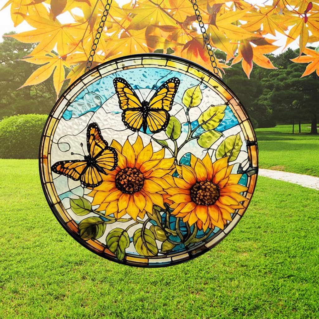 HOTIYOK Sunflower and Butterfly Stained Glass Window Hanging, Round Stain Glass for Kitchen Indoor Decorations Gifts for Women Grandma Teacher Nature Lovers