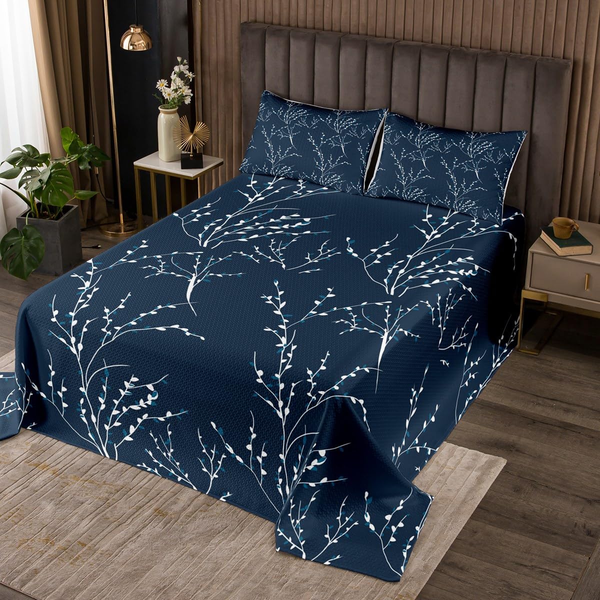 Homemissing Navy Blue Coverlet Set Single Size Flower Plum Blossom Bedspread for Kids Decor Branches Quilted Coverlet Microfiber Quilted Bedroom