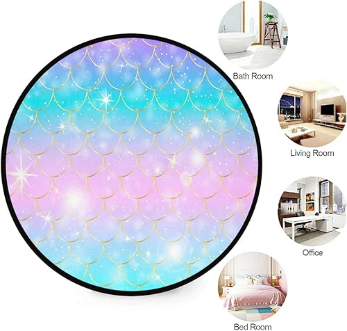 Miniatura 3 de DIGTIA Alfombra redonda de 3 pies para dormitorio, lavable, con purpurina, escamas de sirena, alfombra antideslizante con respaldo de goma, azul,
