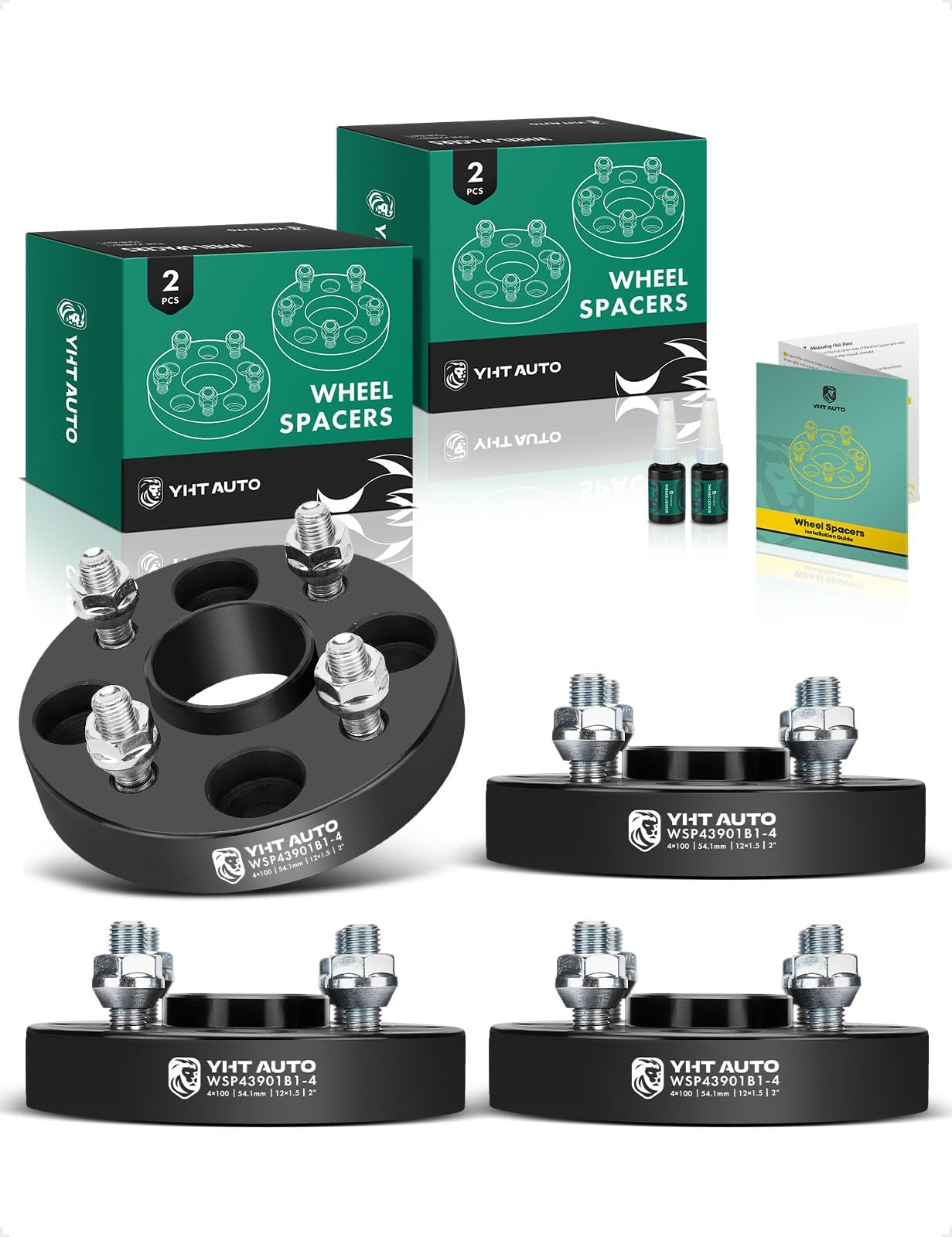 YHTAUTO 4x100mm Hub Centric Wheel Spacers 1 inch Fits Kia, Ford, Mazda, Scion, Toyota, Fiat Models, Corolla, xB, Tire Spacers w/ M12x1.5 & 12.9 Grade Studs, 54.1mm Hub Bore 4 Lug 4PCS Black