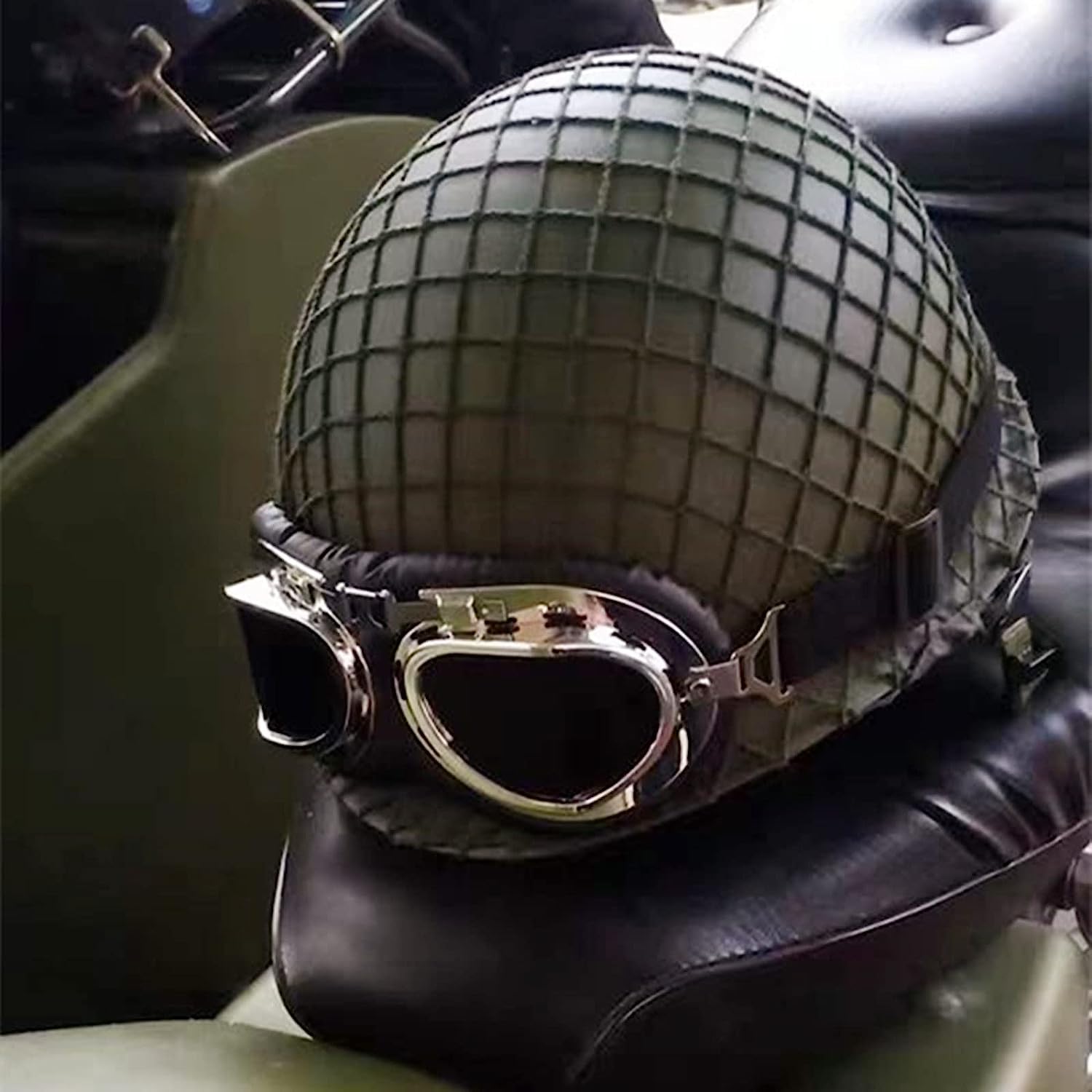 Airsoft Outdoor WW2 US M1 Casque d'extérieur avec lunettes de champ en acier avec filet et ceinture œil de chat (vert)