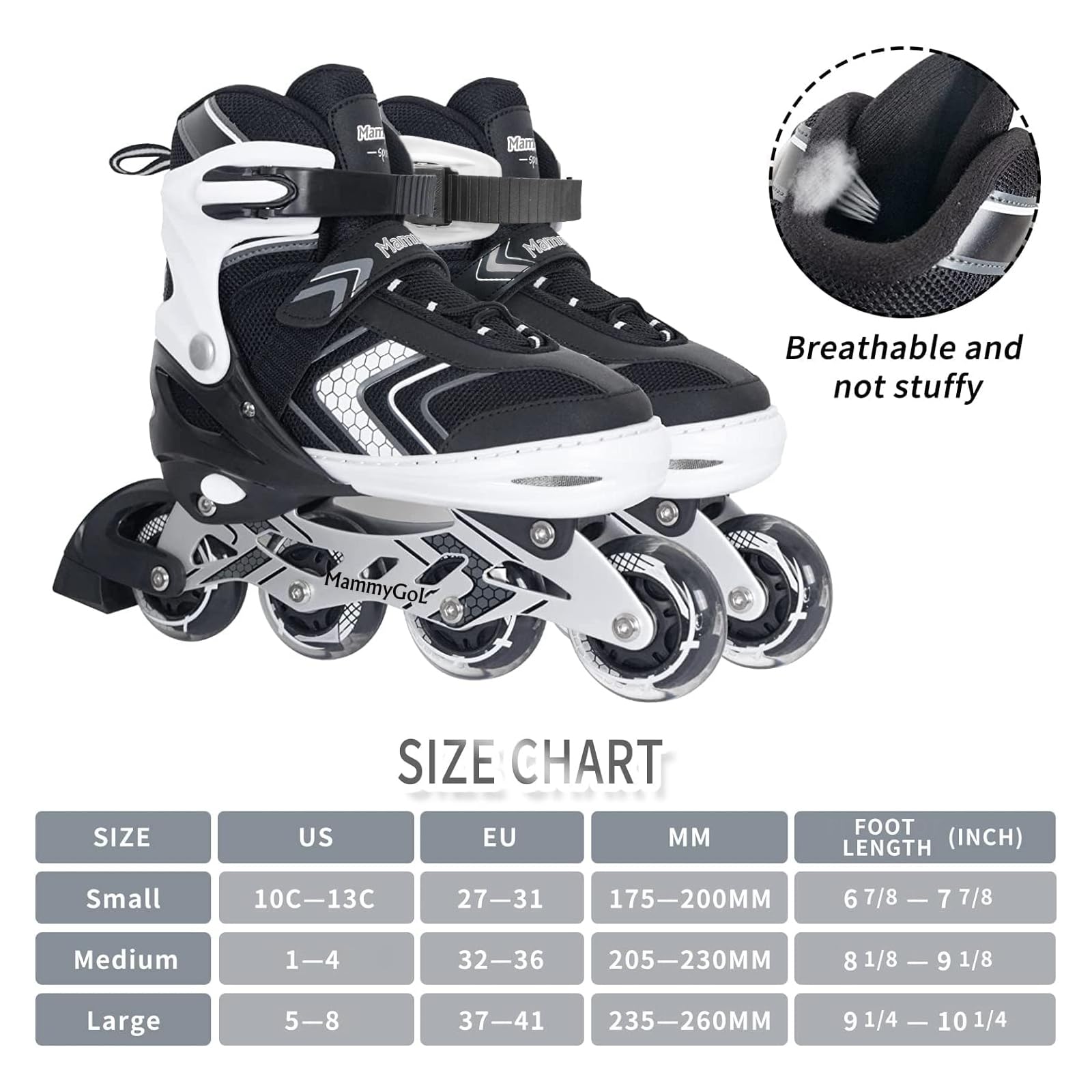 MammyGol Inline Skates for Boys with Full Light Up Wheels, Adjustable Beginner Blades Roller for Big Kids, Black, Size 1.5 2 3 4 4.5