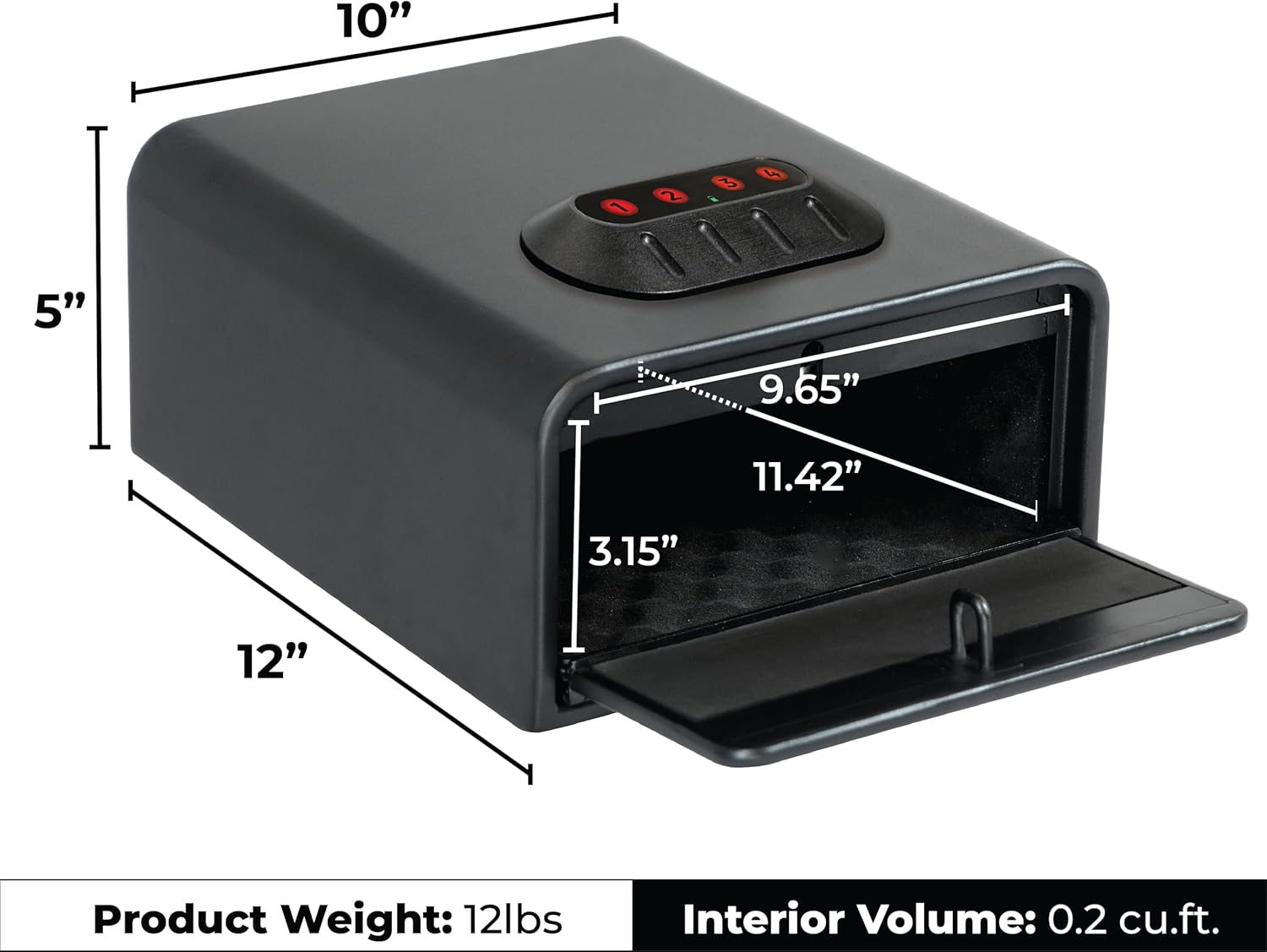 Diagram showing the external dimensions of the Sports Afield SA-HD2 vault: 5 inches high, 10 inches wide, 12 inches deep. Also shows interior dimensions and weight.