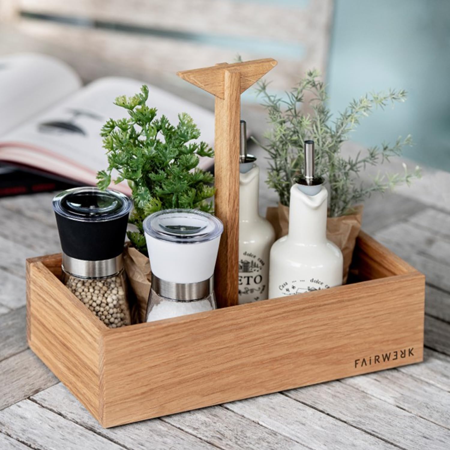 Fairwerk Wood Spice Box 30 x 15.5 x 8 cm Oiled Handmade Spice Rack with Carry Handle Home & Kitchen