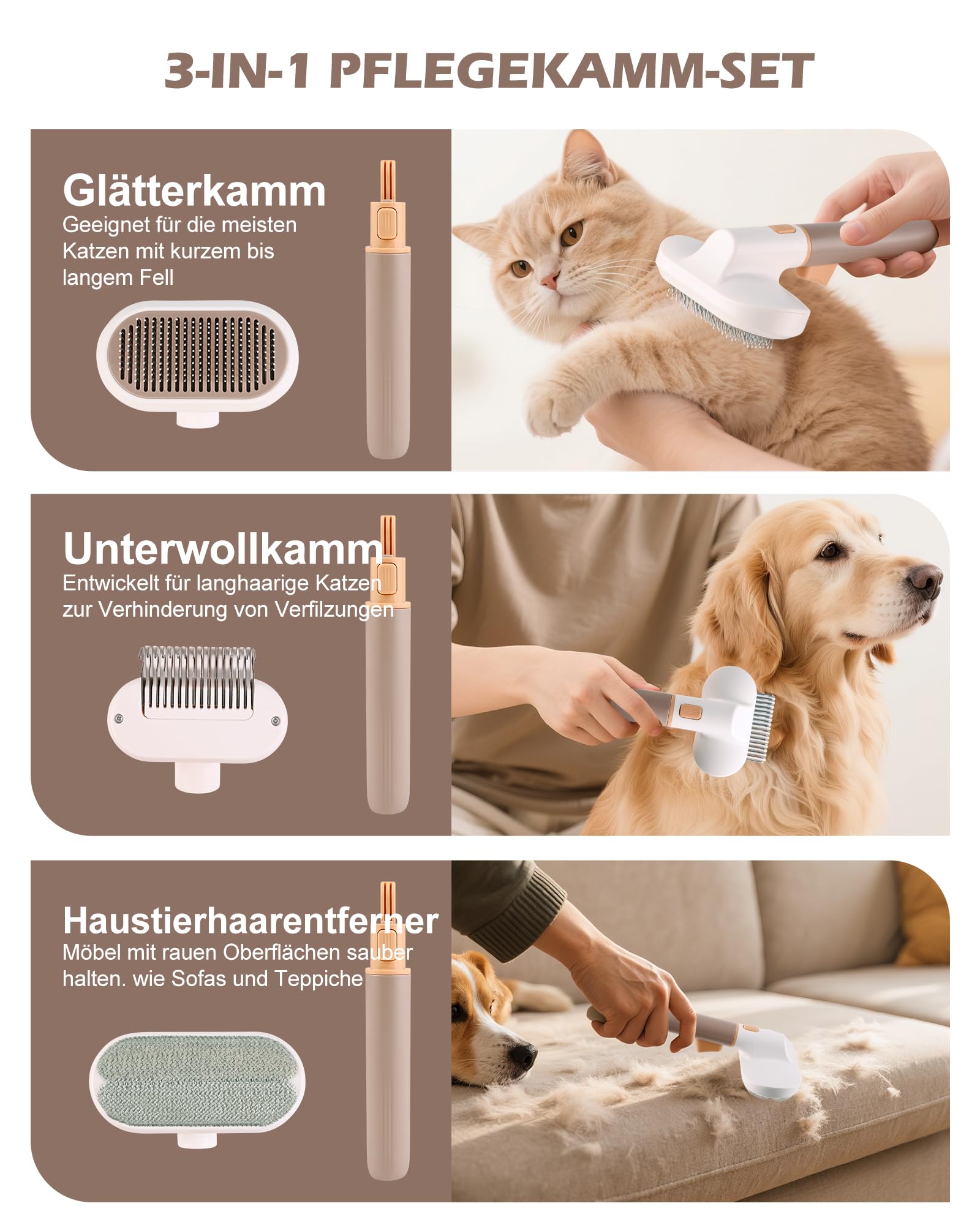 3-in-1 Katzenbürste & Hundebürste Selbstreinigend, Edelstahl-Entfilzungskamm für Langhaar & Kurzhaar | Entfernt Lose Haare & Knoten | Massageborsten zur sanften Fellpflege | Ein-Klick Haarentfernung