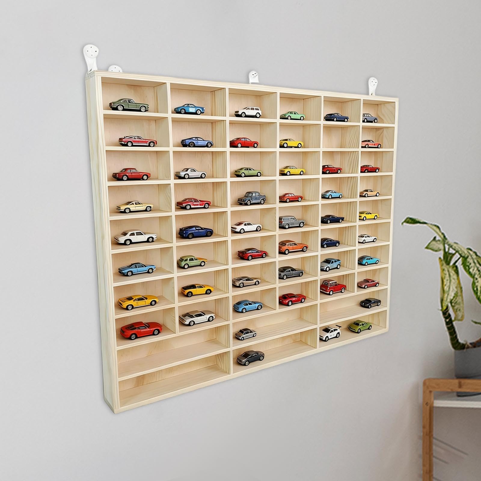 Holz Wand Display Rack Für Miniatur Autos | massives Holz, platzsparend, 54 Fächer, für Modellautos