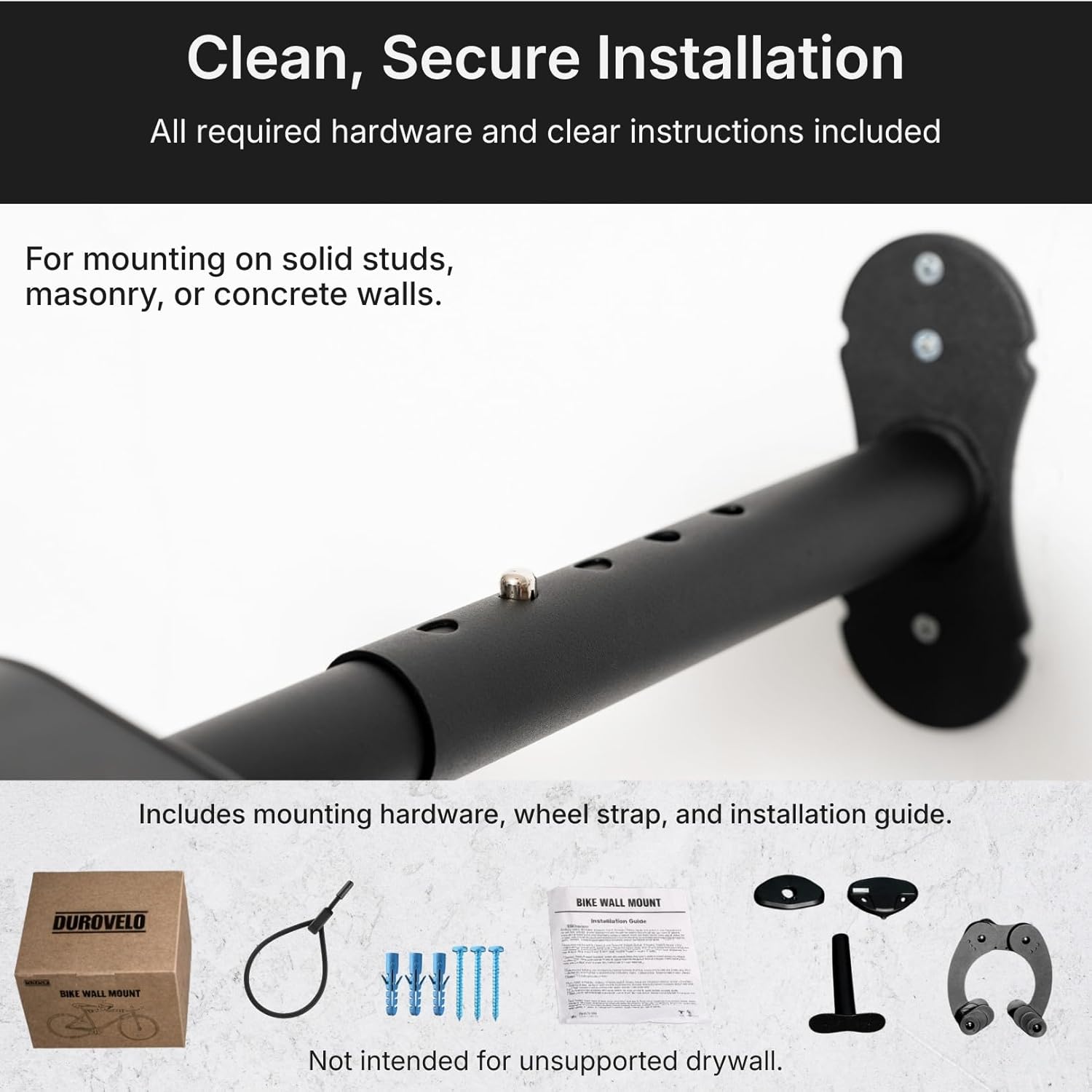 Bike Wall Mount - Horizontal Wall Hanger, Adjustable Design for Road, Mountain and Hybrid Bikes up to 48.5 lbs - Space-Saving Bike Rack for Garage or Apartment - Sturdy Indoor Bicycle Storage