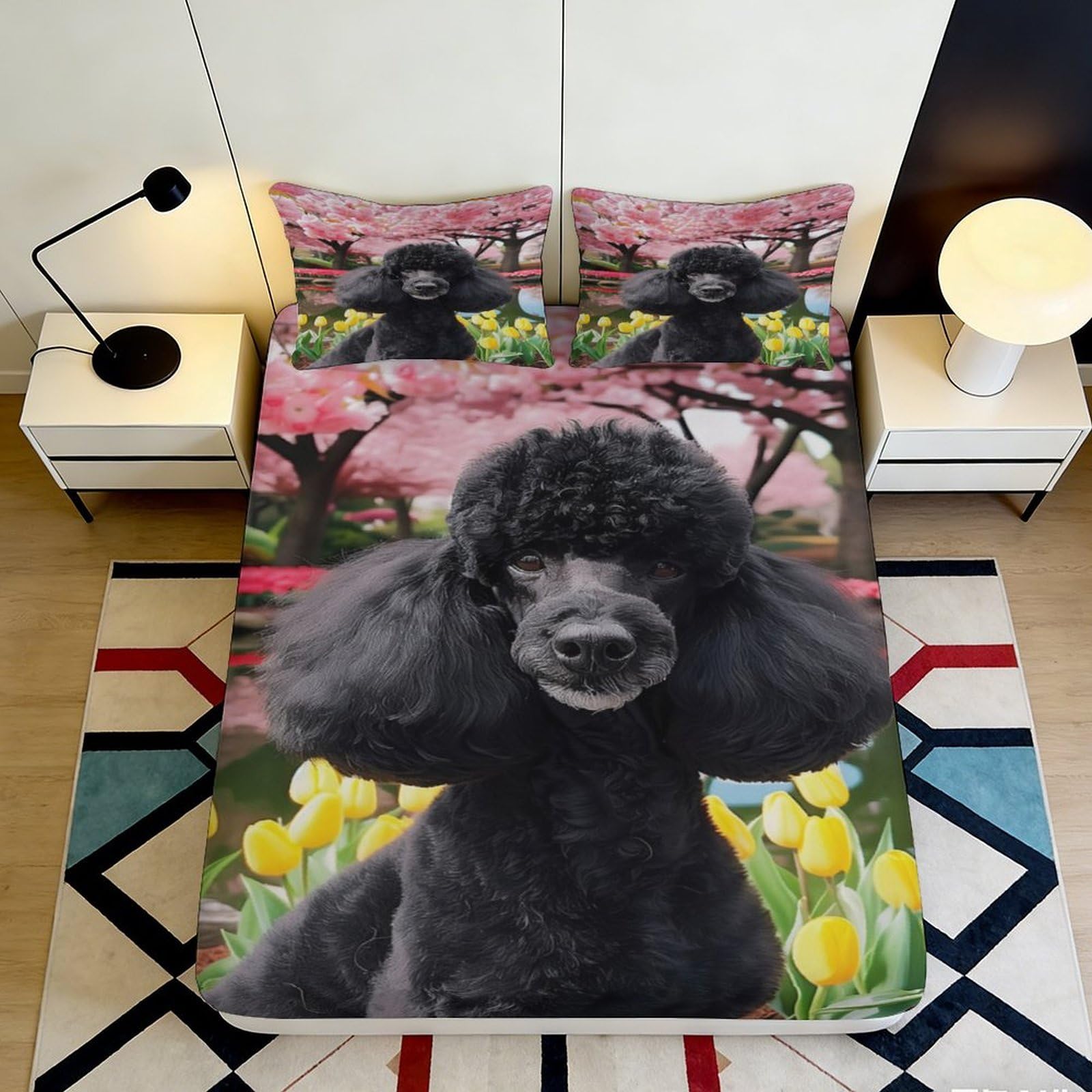 Uxinyoume Style-6 3D Printed Black Poodle Flower Fitted Sheet Microfiber Soft Non-Slip Bed Cover For Bedroom Guest Room Decor 90X200x25cm