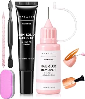 Makartt Nail Glue & Removal Kit, 20s Air Dry Semi Solid Glue+Precision Remover,Easy to Press Nail Application and Removal,Beginner-Friendly and No UV Lamp Needed